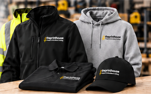 Branded black softshell jacket, grey hoodie, polo shirt, cap and hi-vis workwear